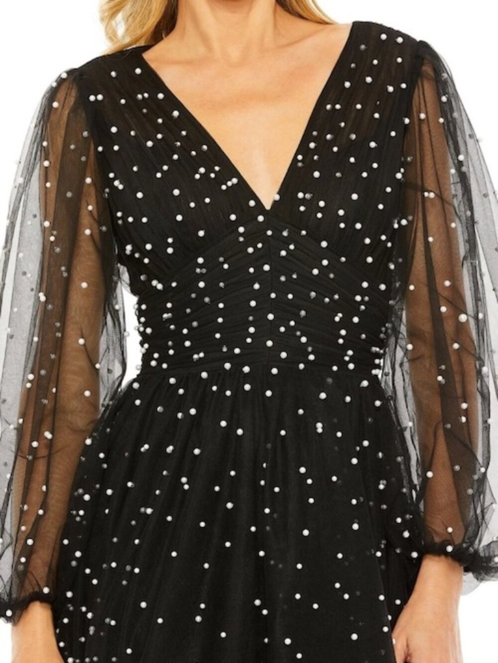 Mac Duggal Black Pearl Embellished Long Sleeve Tulle Gown Dress - Picture 3 of 3